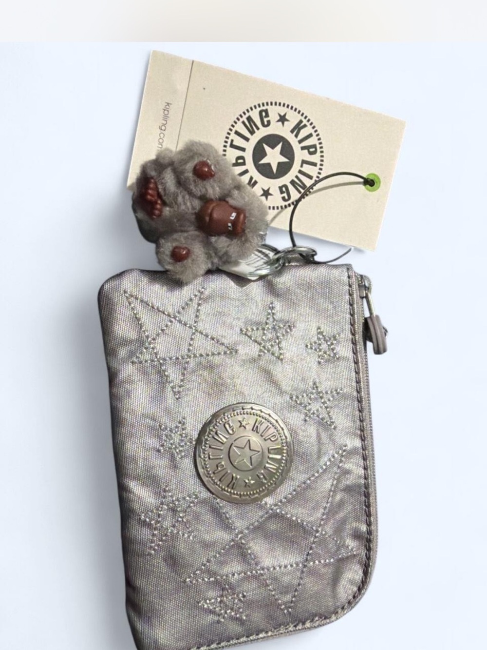 Kipling Silver Quilted Star Coin Pouch with Monkey Charm